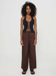 side view of model wearing Princess Polly Brunie Pants Chocolate High Waisted Pants 