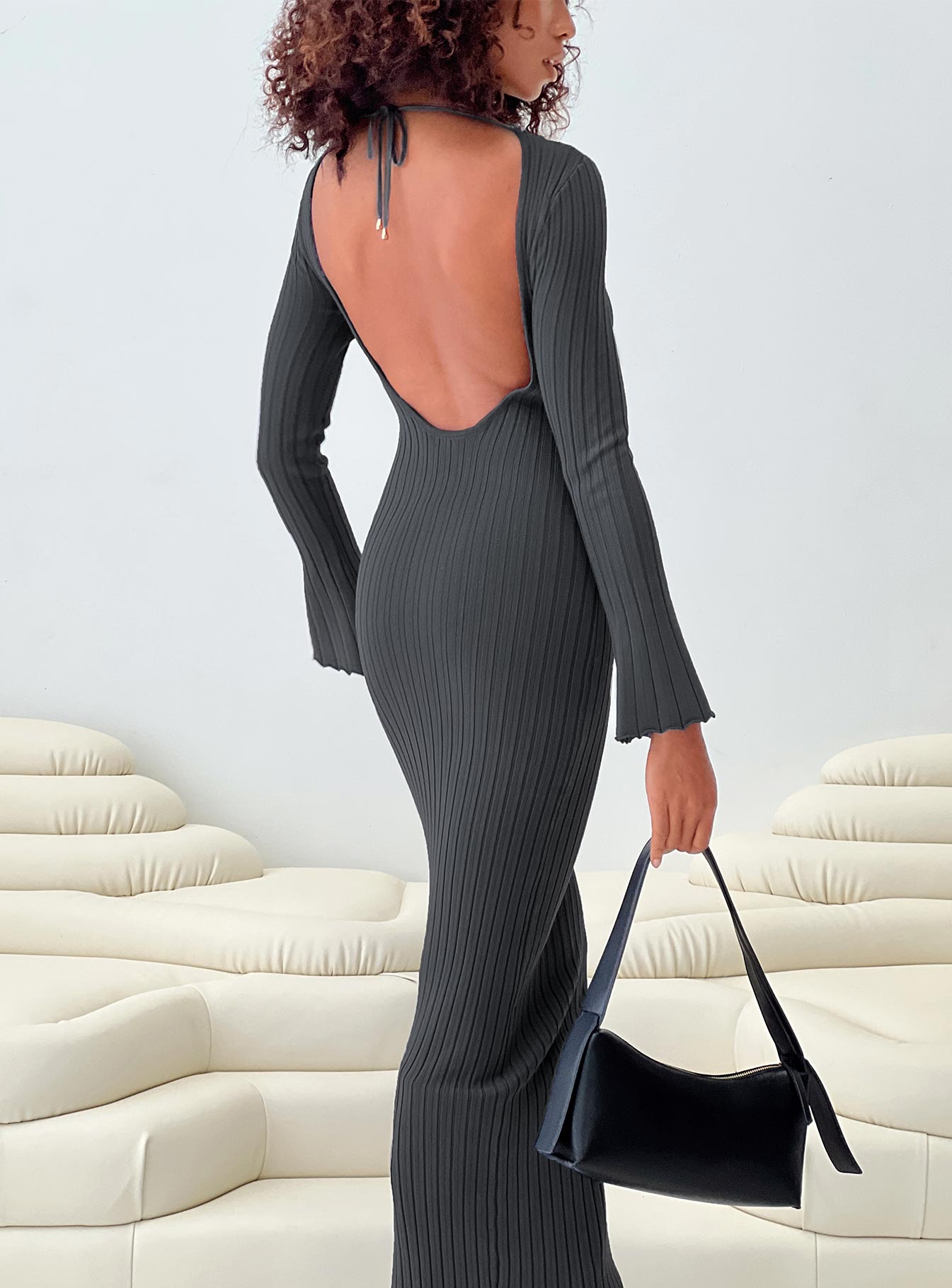 back view of model wearing Princess Polly Heleni Long Sleeve Maxi Dress Grey Scoop Neck 