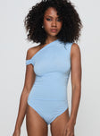 front view of model wearing Princess Polly Beller Bodysuit Blue Sleeveless Asymmetric Neckline 