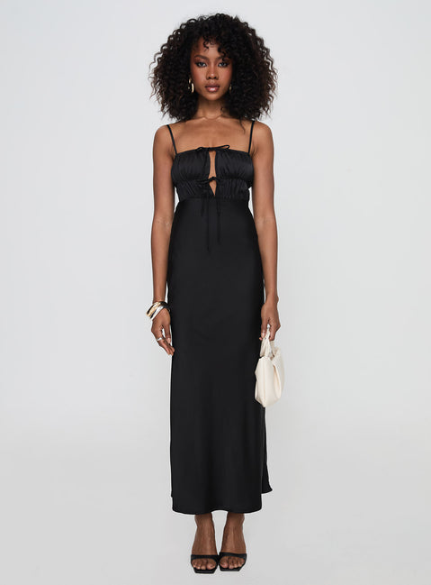 front view of model wearing Princess Polly Jaquelin Maxi Dress Black Square Neck 