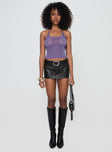 front view of model wearing Princess Polly Ezekiel Glitter Top Purple Sleeveless Scoop Neck 