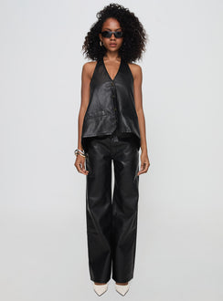 side view of model wearing Princess Polly Hills Halter Onyx Sleeveless V-Neck 