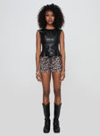 front view of model wearing Princess Polly Lanner Shorts Leopard High Waisted Shorts 