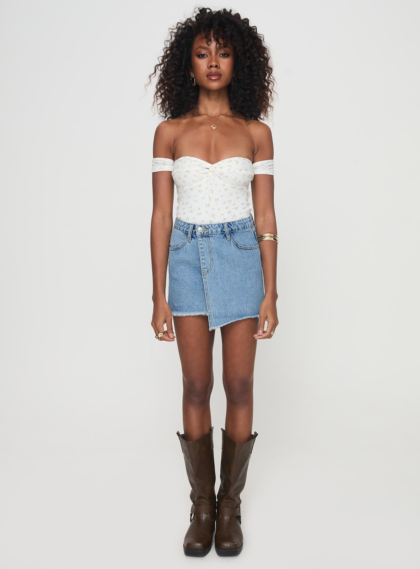  front view of model wearing Princess Polly Barbuto Denim Wrap Mini Skirt Light Wash Mini Skirts 