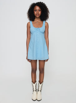 front view of model wearing Princess Polly Fiorello Mini Dress Blue Scoop Neck 