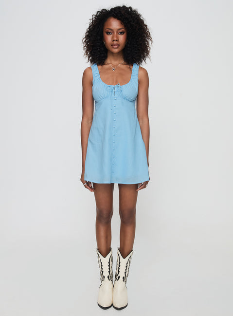 front view of model wearing Princess Polly Fiorello Mini Dress Blue Scoop Neck 