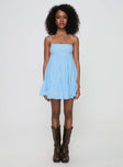 side view of model wearing Princess Polly Palatial Mini Dress Light Blue Square Neck 