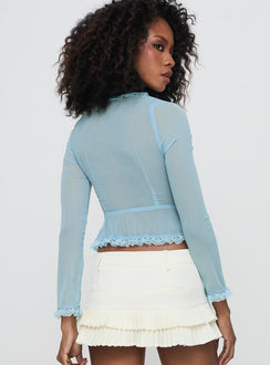 back view of model wearing Princess Polly Guillet Long Sleeve Top Blue Full Sleeves Scoop Neck 