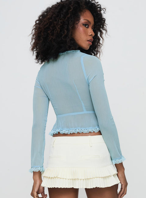 back view of model wearing Princess Polly Guillet Long Sleeve Top Blue Full Sleeves Scoop Neck 