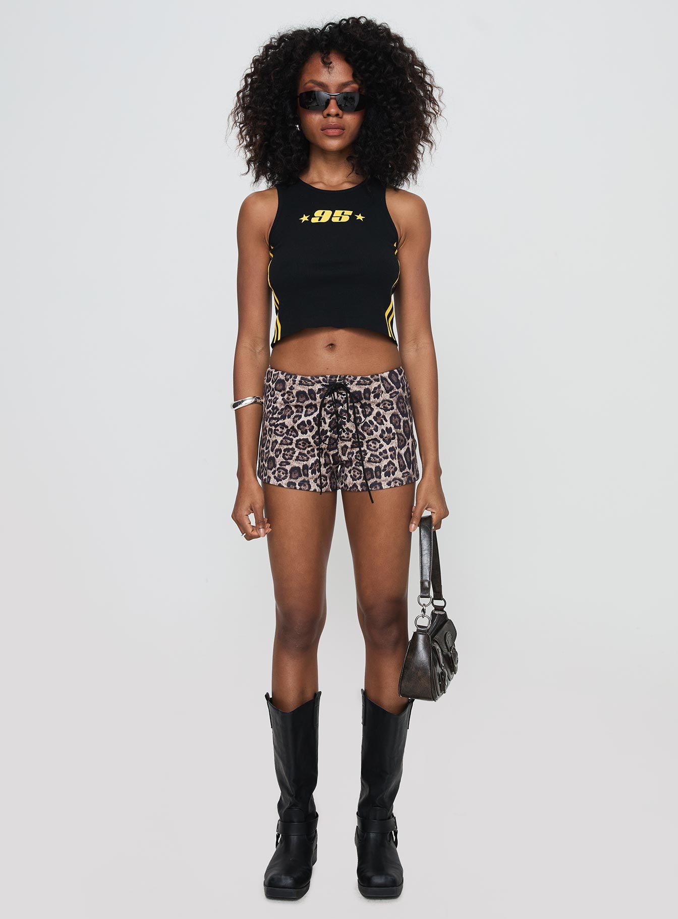 front view of model wearing Princess Polly Sports 95 Tank Black Sleeveless Crew Neck 