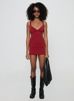 side view of model wearing Princess Polly Wandella Mini Dress Red Plunger 