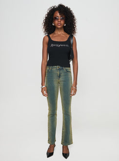 front view of model wearing Princess Polly Sandman Flare Jeans Antique Wash Mid Rise 