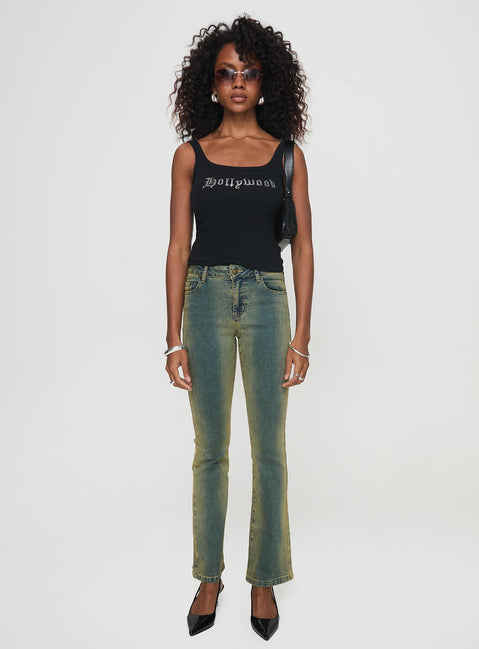 front view of model wearing Princess Polly Sandman Flare Jeans Antique Wash Mid Rise 