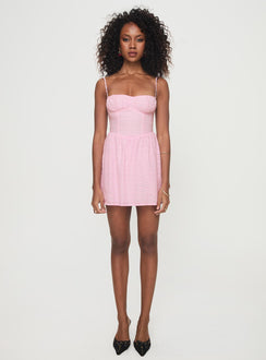 front view of model wearing Princess Polly Mckilah Mini Dress Pink Sweetheart Neckline 