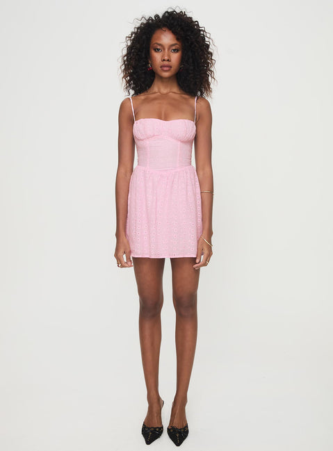 front view of model wearing Princess Polly Mckilah Mini Dress Pink Sweetheart Neckline 