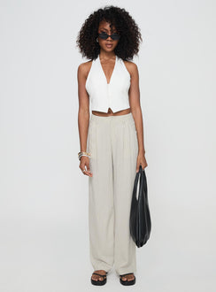 front view of model wearing Princess Polly Hayze Linen Pant Beige Pinstripe High Waisted Pants 