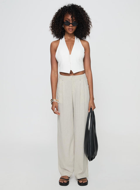 front view of model wearing Princess Polly Hayze Linen Pant Beige Pinstripe High Waisted Pants 