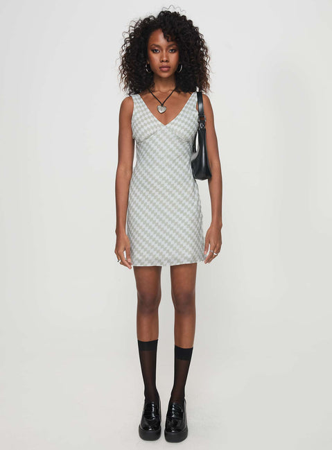 front view of model wearing Princess Polly Granberg Mini Dress Grey V-Neck 