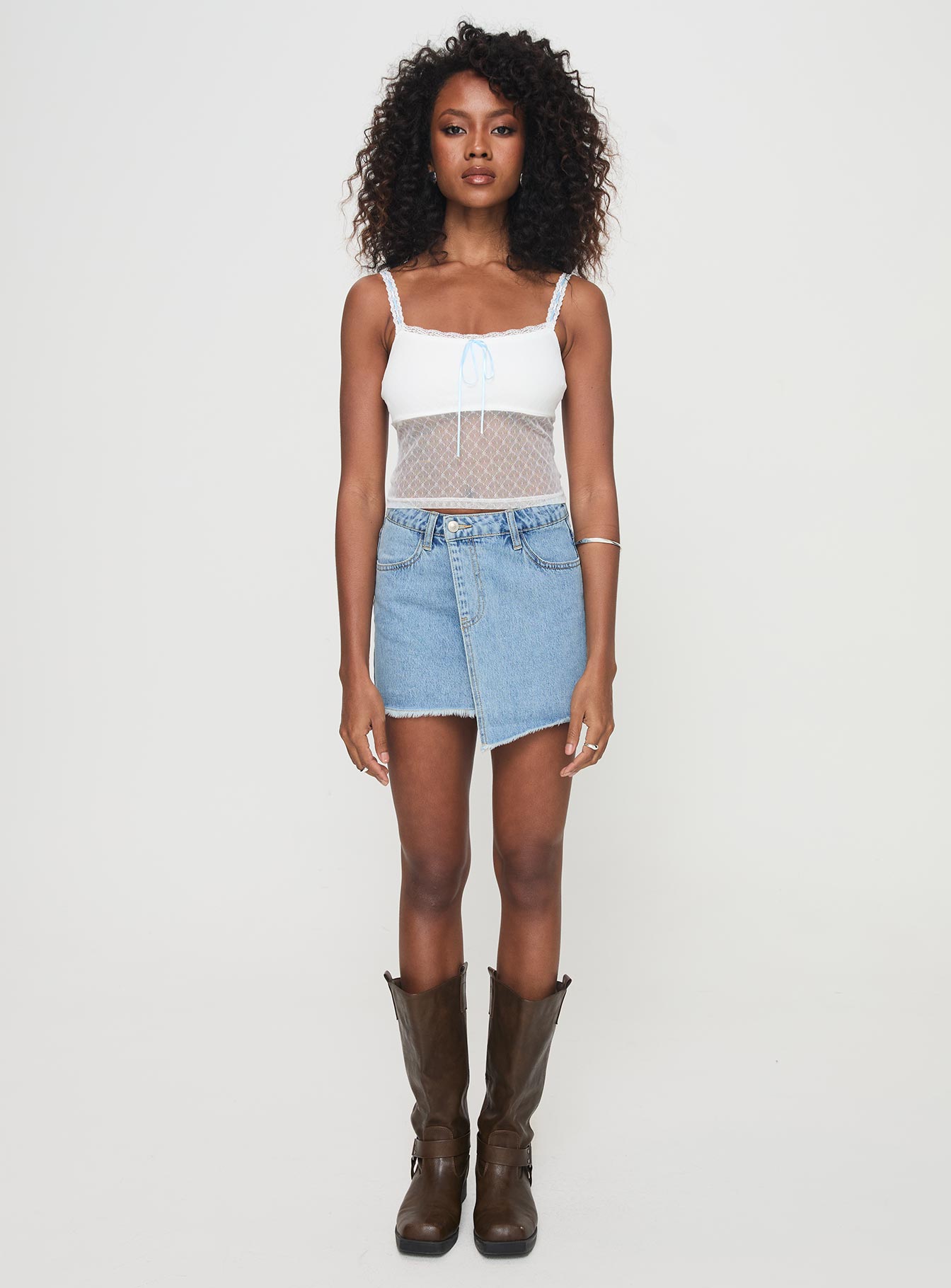 front view of model wearing Princess Polly Tadeo Lace Cami Top White Sleeveless Square Neck 