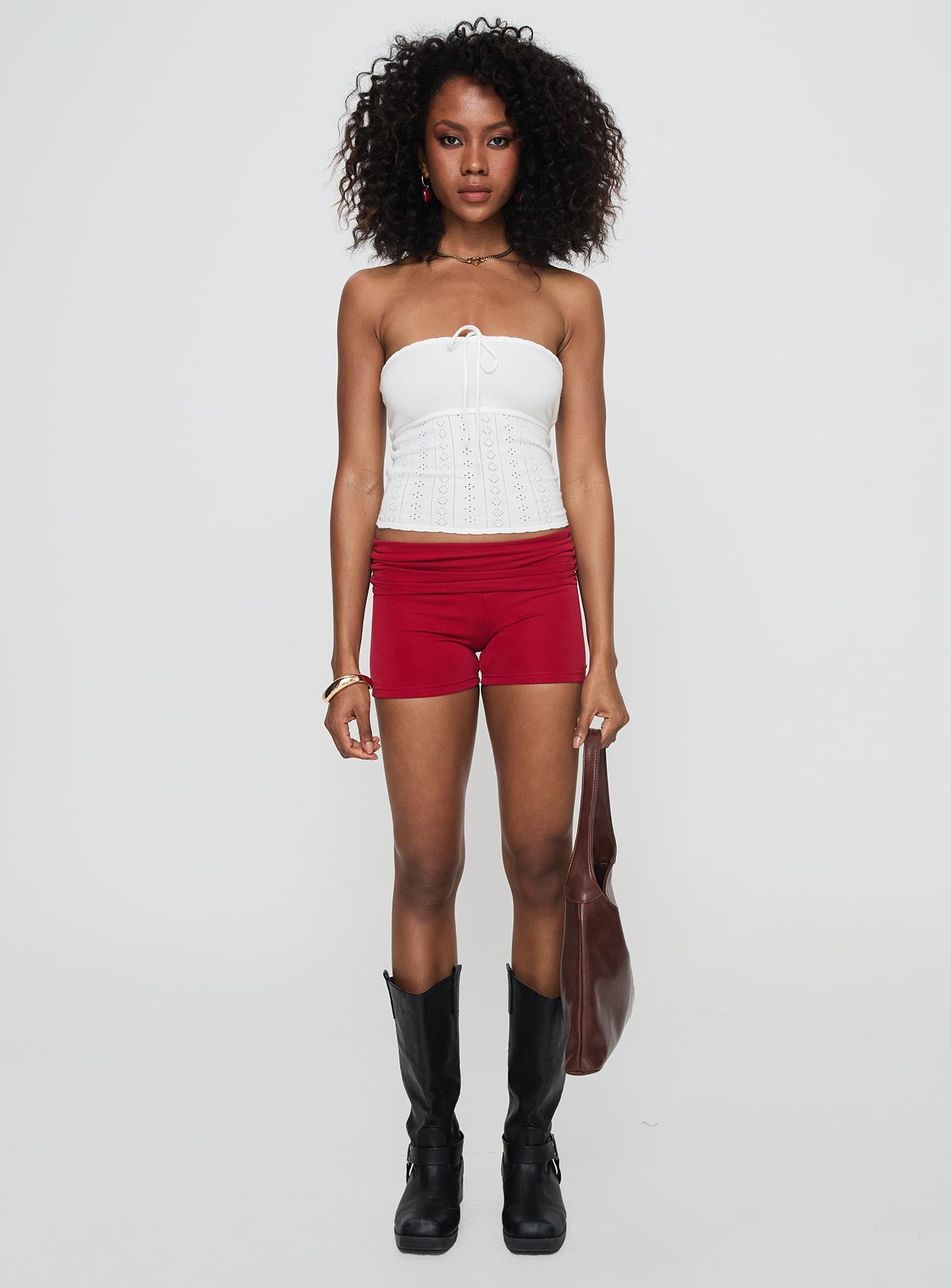 front view of model wearing Princess Polly Seona Strapless Top White Sleeveless straight 