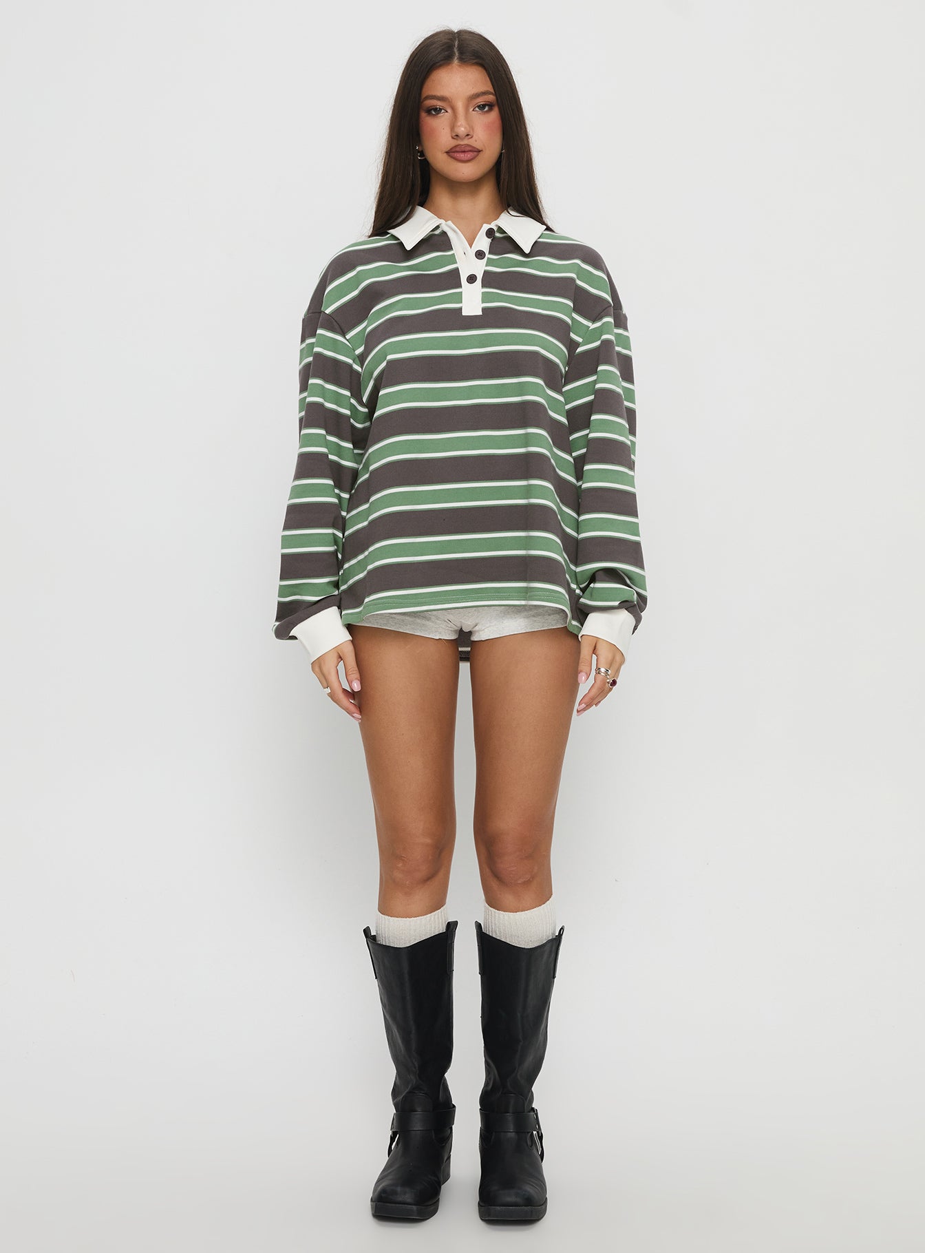 front view of model wearing Princess Polly Tycen Polo Rugby Jumper Green / Grey Stripe Long 