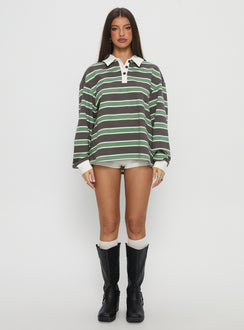 front view of model wearing Princess Polly Tycen Polo Rugby Jumper Green / Grey Stripe Long 