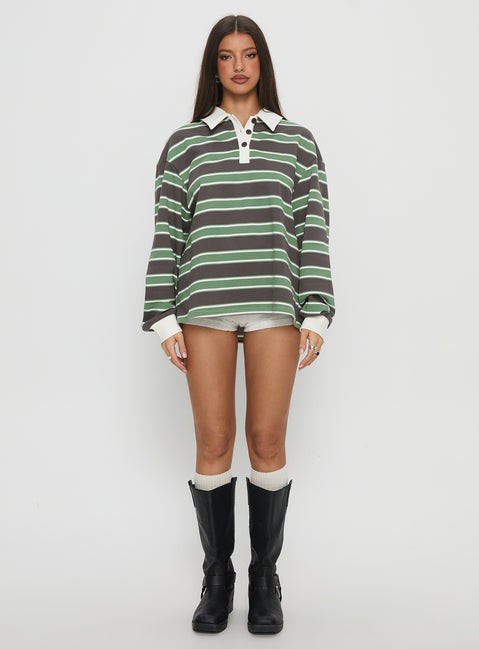 front view of model wearing Princess Polly Tycen Polo Rugby Jumper Green / Grey Stripe Long 