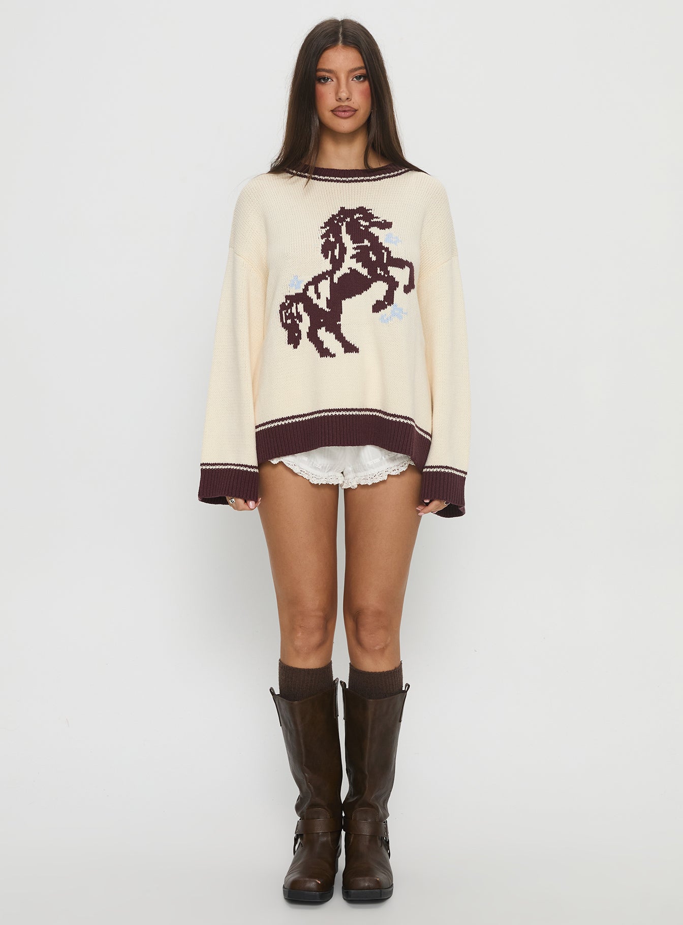 front view of model wearing Princess Polly Rhianonn Horse Graphic Knit Sweater Cream / Brown Cropped 