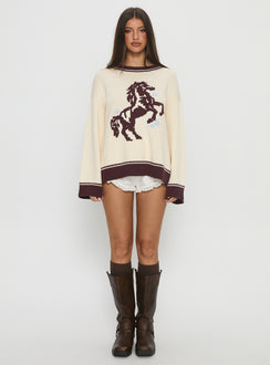 front view of model wearing Princess Polly Rhianonn Horse Graphic Knit Sweater Cream / Brown Cropped 