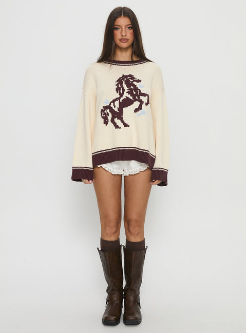 front view of model wearing Princess Polly Rhianonn Horse Graphic Knit Sweater Cream / Brown Cropped 