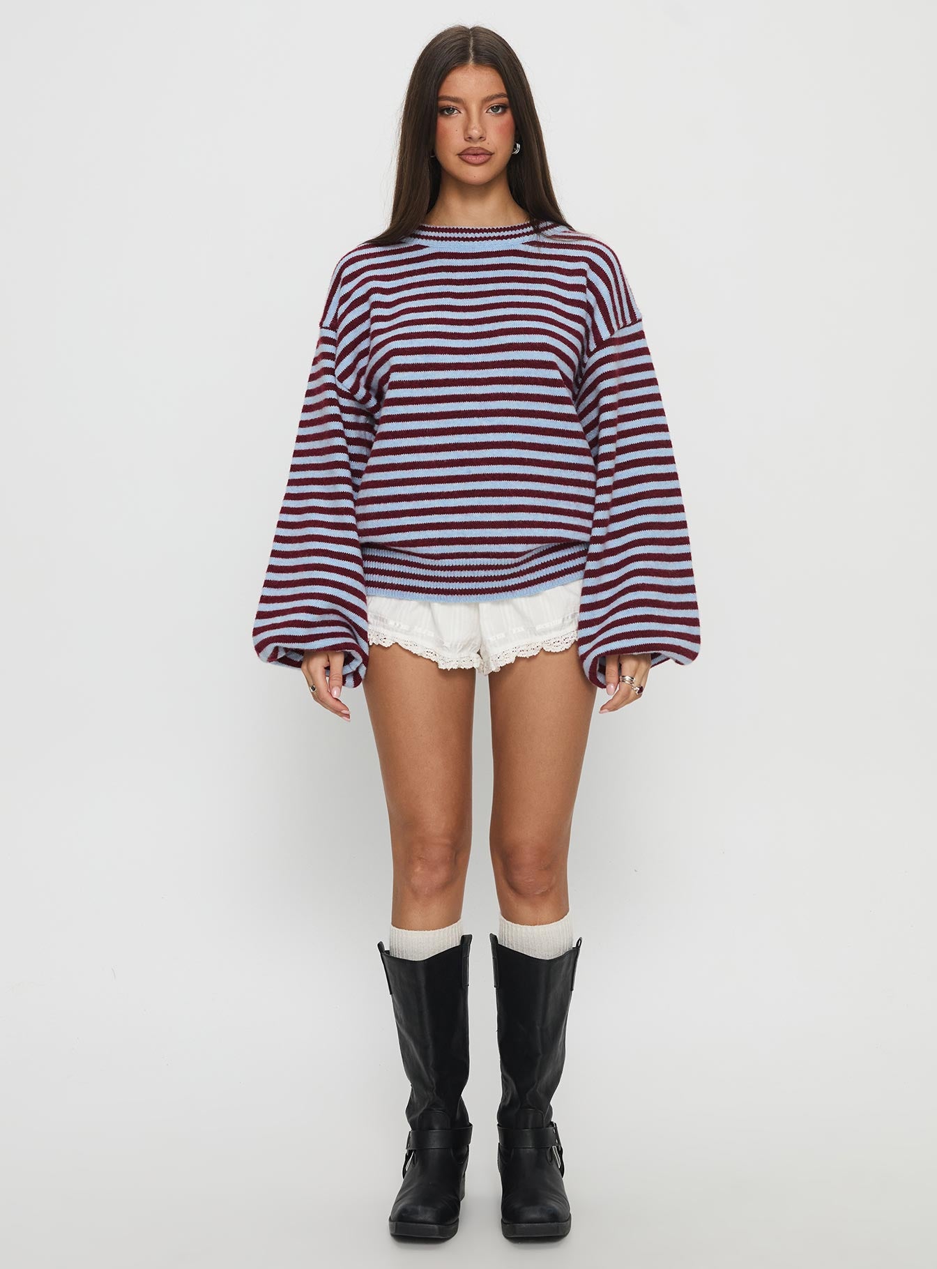 front view of model wearing Princess Polly Winter Stroll Knit Sweater Blue Stripe Longline Jumpers 