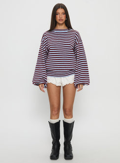 front view of model wearing Princess Polly Winter Stroll Knit Sweater Blue Stripe Longline Jumpers 