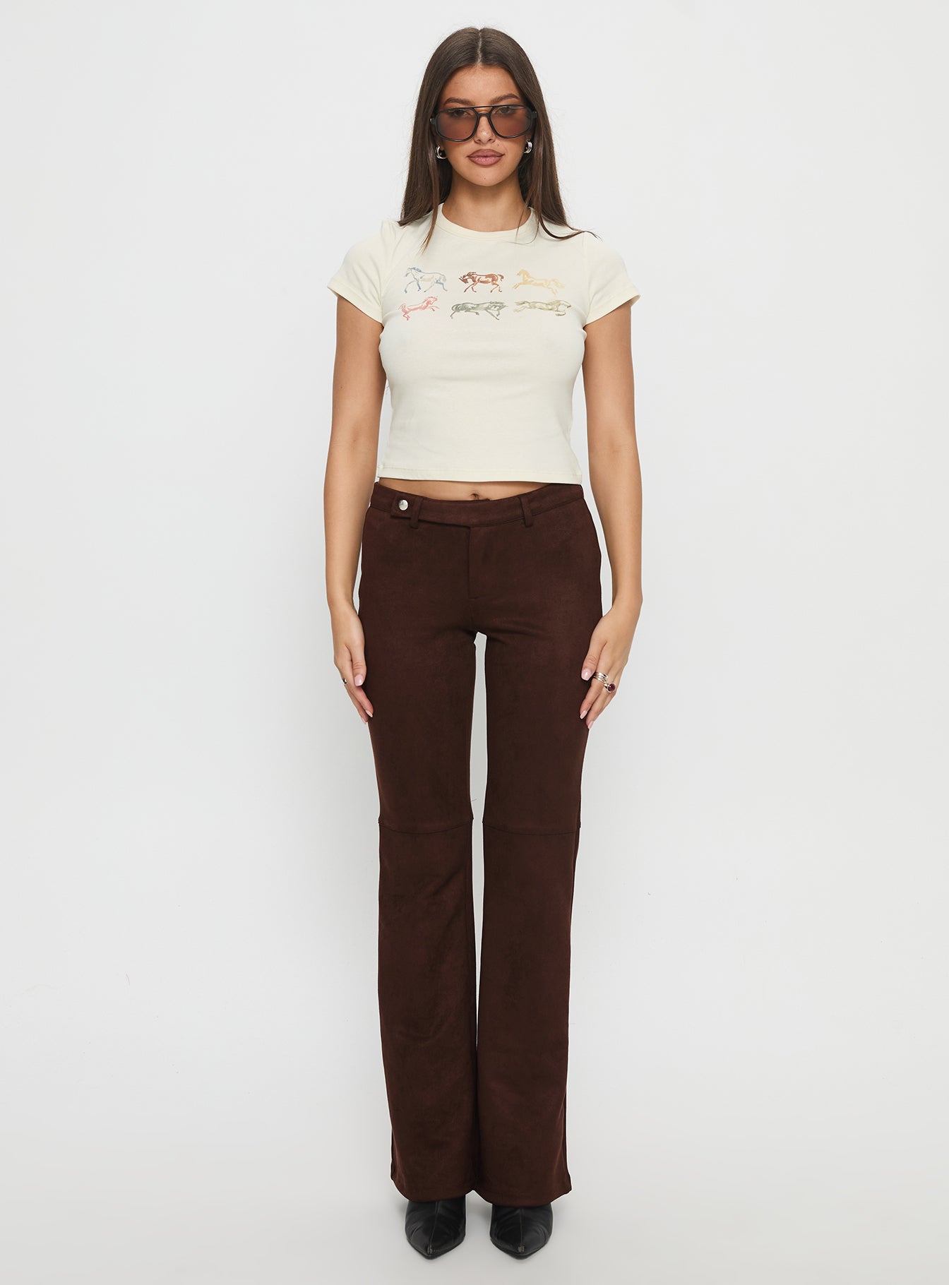 front view of model wearing Princess Polly Final Shot Faux Suede Pants Brown Low Rise Pants 