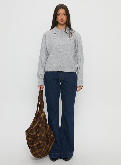 front view of model wearing Princess Polly Nadyna Collared Cardigan Grey Marle 