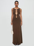 front view of model wearing Princess Polly Sanur Maxi Dress Brown Scoop Neck 