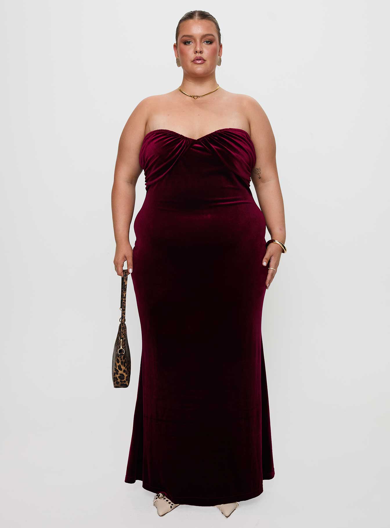 back view of model wearing Princess Polly Irena Strapless Maxi Dress Burgundy Curve Sweetheart Neckline 