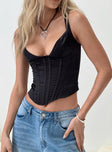 Crop top Slim fitting, silky material, fixed shoulder straps, boning through waist, zip fastening at back