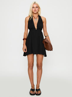 front view of model wearing Princess Polly Saddler Mini Dress Black Plunger 