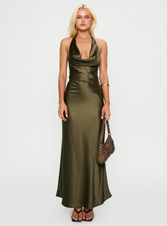 front view of model wearing Princess Polly Iridescent Plunge Maxi Dress Olive Green Plunger 