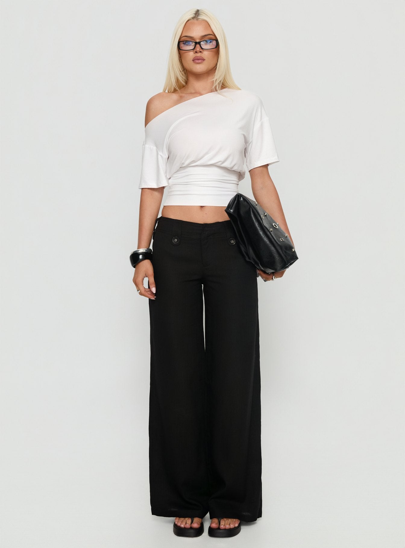 front view of model wearing Princess Polly Pedra Wide Leg Pant Black Mid Rise Pants 