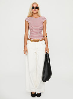 front view of model wearing Princess Polly Drives Me Crazy Backless Top Red Stripe Sleeveless Boat Neck 