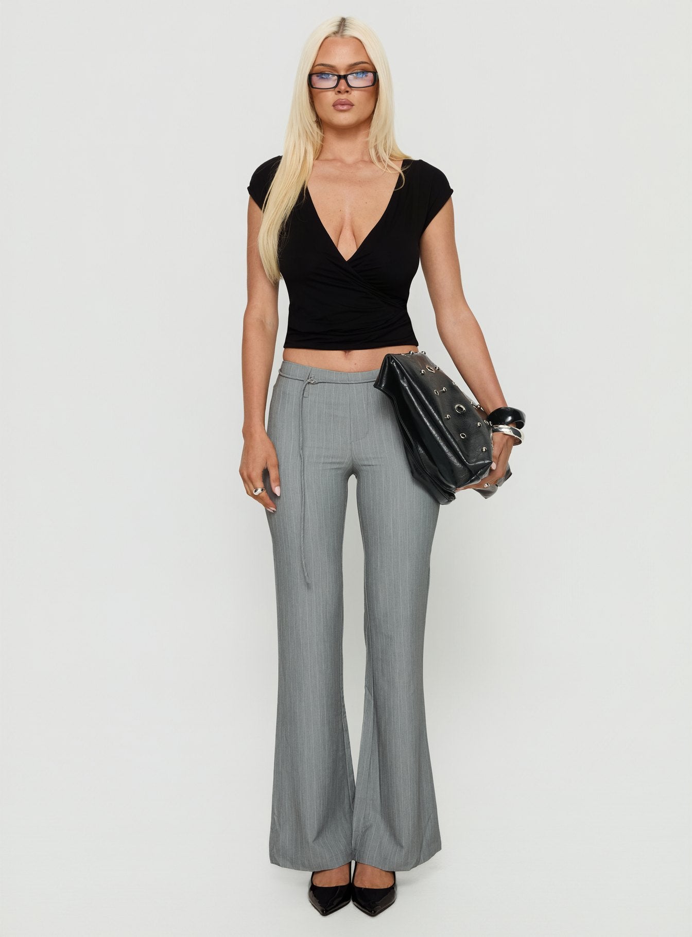 front view of model wearing Princess Polly Joanah Tie Waist Pant Grey Pinstripe Mid Rise Pants 