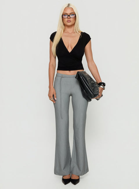 front view of model wearing Princess Polly Joanah Tie Waist Pant Grey Pinstripe Mid Rise Pants 