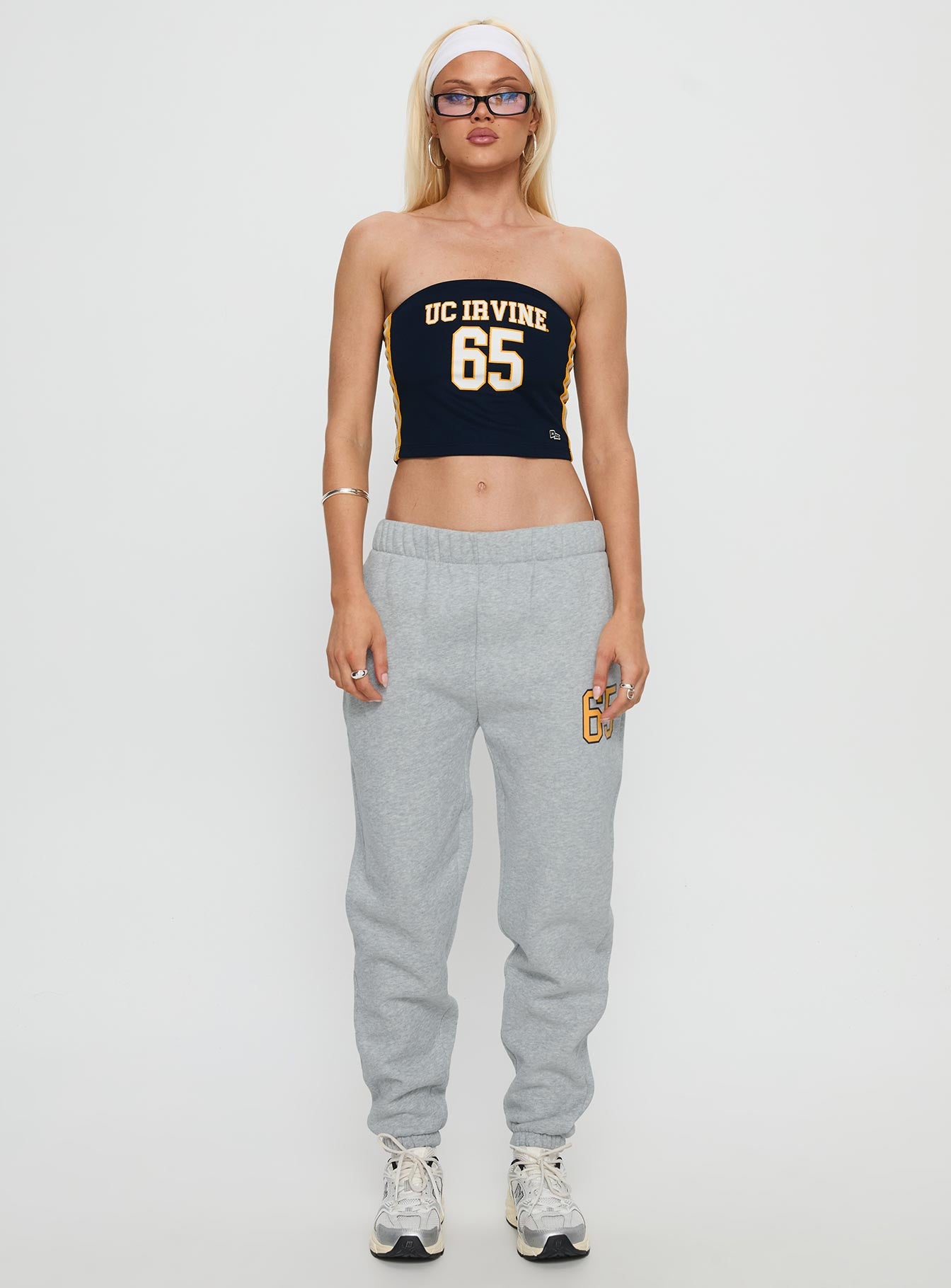 front view of model wearing Princess Polly UC Irvine Basic Sweatpants Grey Mid Rise Pants 