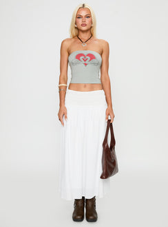   front view of model wearing Princess Polly Small Towns Shirred Midi Skirt White Midi Skirts 