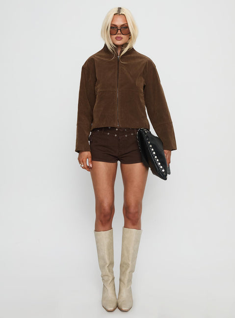 Jessalynn Faux Suede Zip Through Jacket Brown