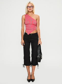 front view of model wearing Princess Polly Sunday Sunrise Tie Back Top Red Check Sleeveless Asymmetric Neckline 