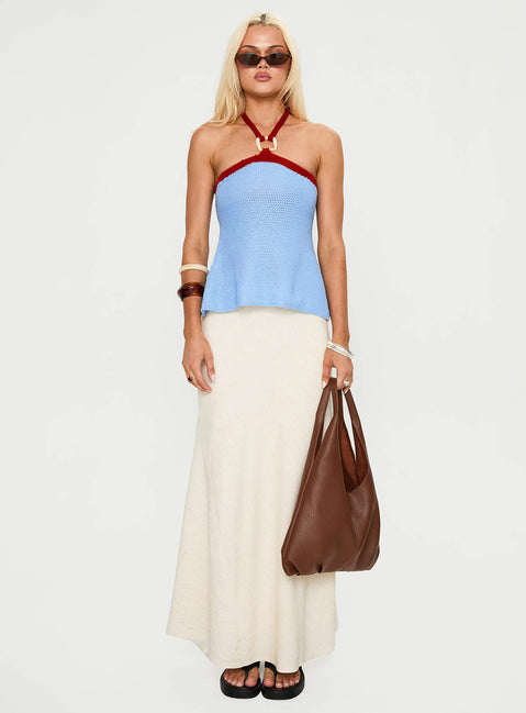 front view of model wearing Princess Polly Contradiction Hardware Detail Top Blue Sleeveless V-Neck 