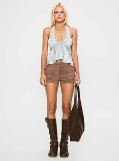 back view of model wearing Princess Polly Gadot Halter Top Blue Check Sleeveless Plunger 