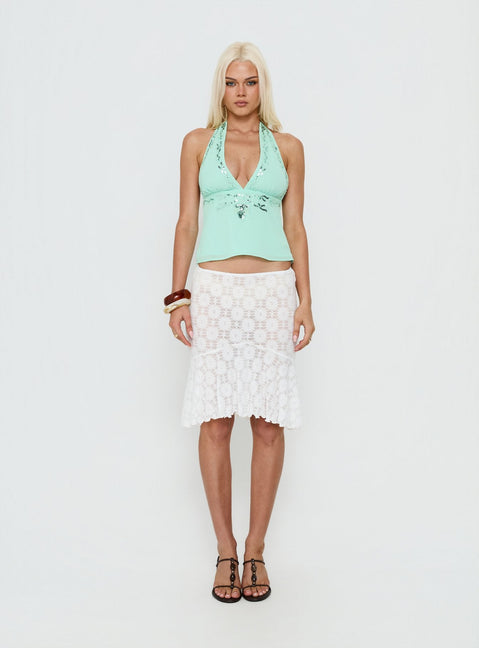   side view of model wearing Princess Polly Elphie Sheer Lace Midi Skirt White 